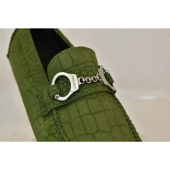 JIMMY CHOO BROGAN LIGHT OLIVE CROC PRINT SUEDE HANDCUFF DRIVING LOAFERS 39.5 6.5